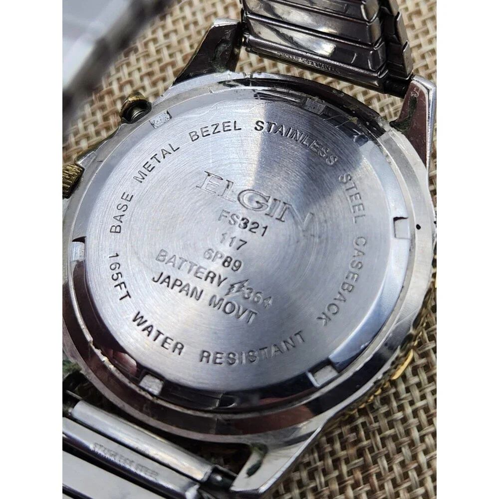 ELGIN FS321B Chrono Day/Date/Month Two-Tone Unisex Wristwatch New Battery